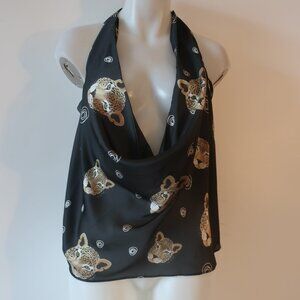 NWT Womens Bululu Bululu Resort Wear Black Gold Satin Leopard Halter Top L/XL *